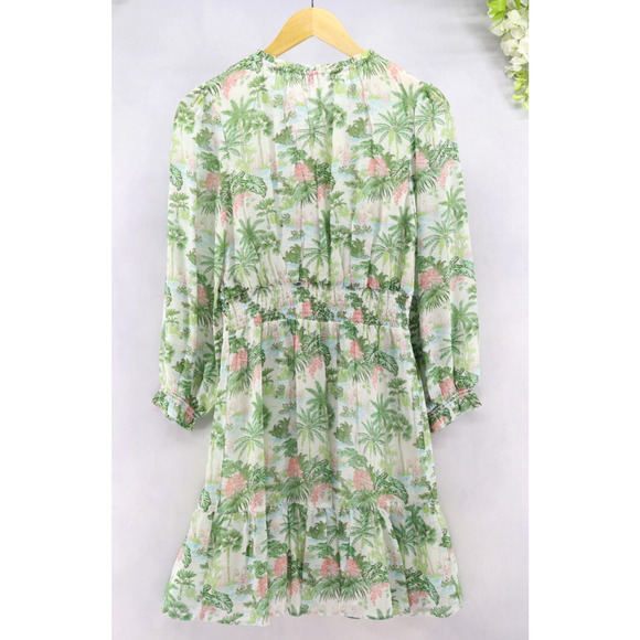 Vineyard Vines Girls Smocked Waist Dress Green Pink Palms Viscose Sz XL(16) NWT - Picture 3 of 9